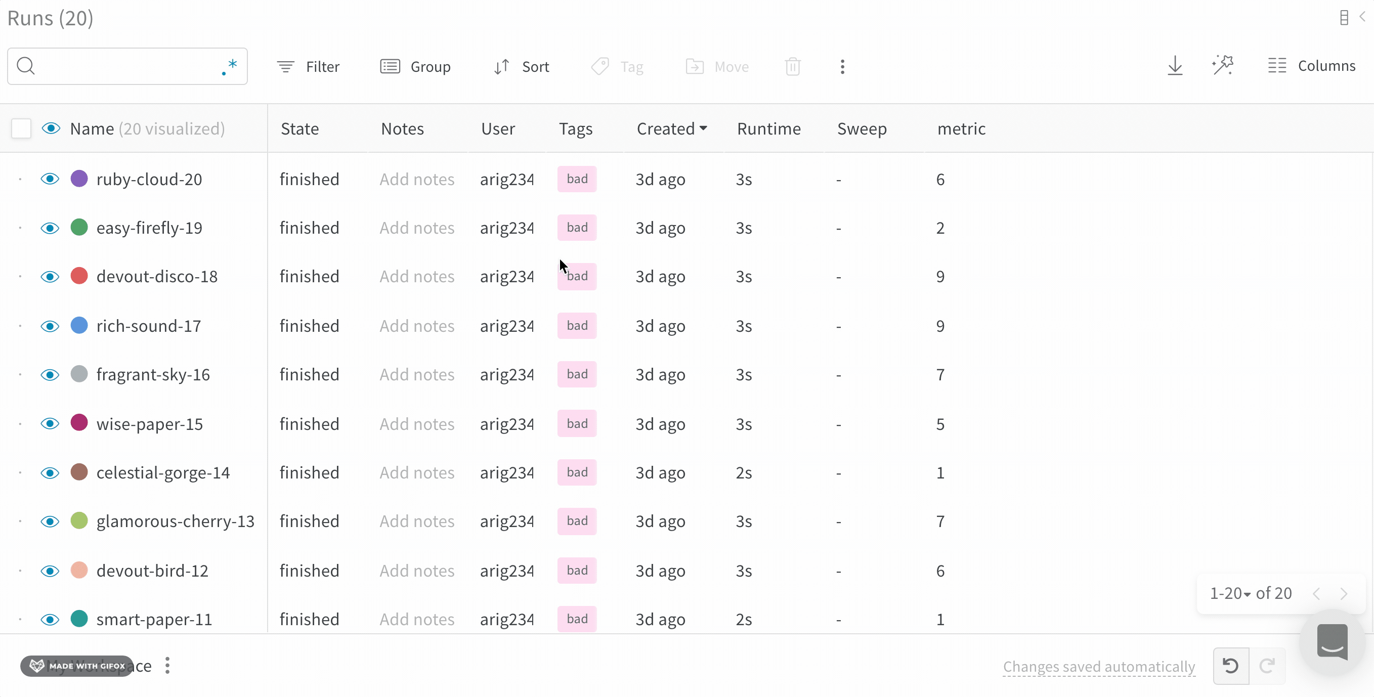 Filter runs by tags