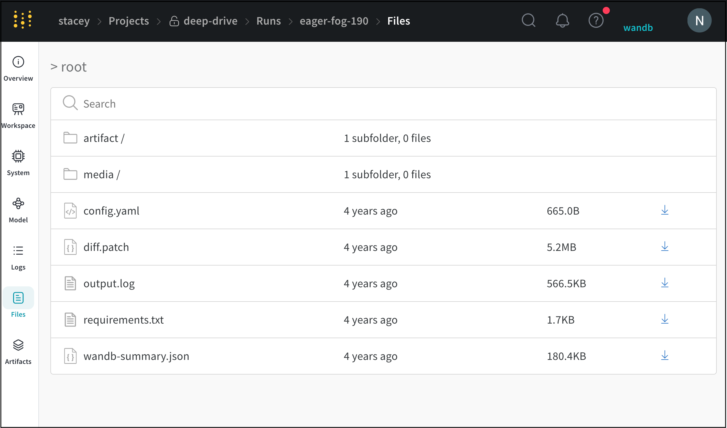 Run files tab