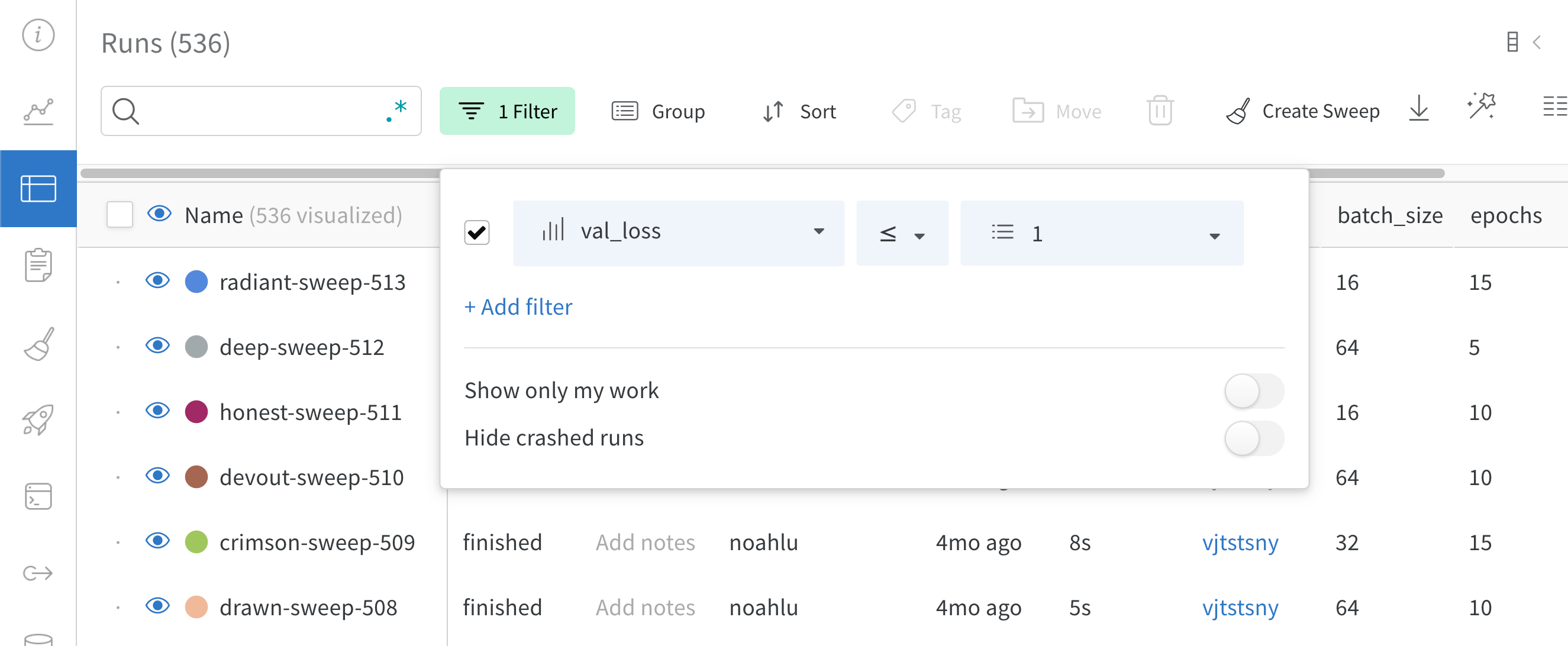 Filtering runs by validation loss