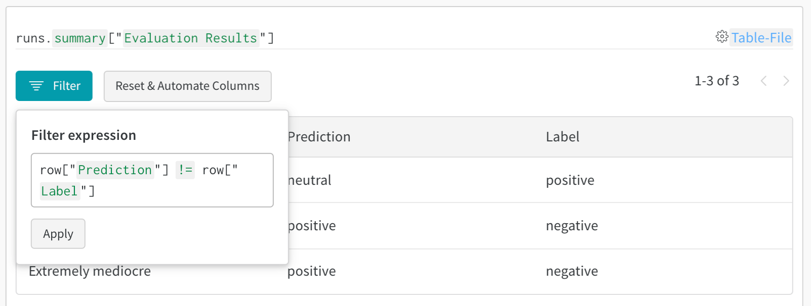 Table filtering
