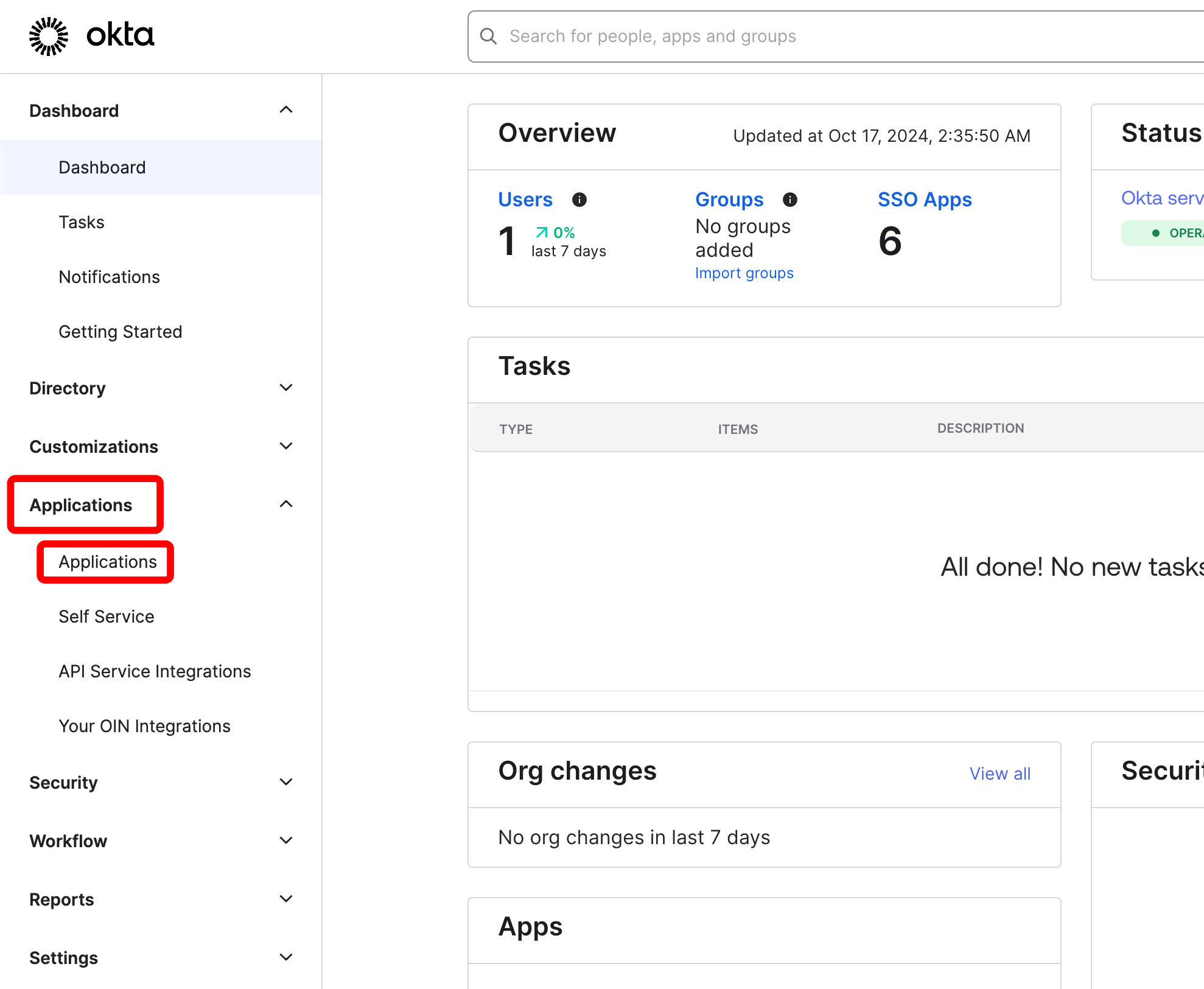 Okta Applications menu