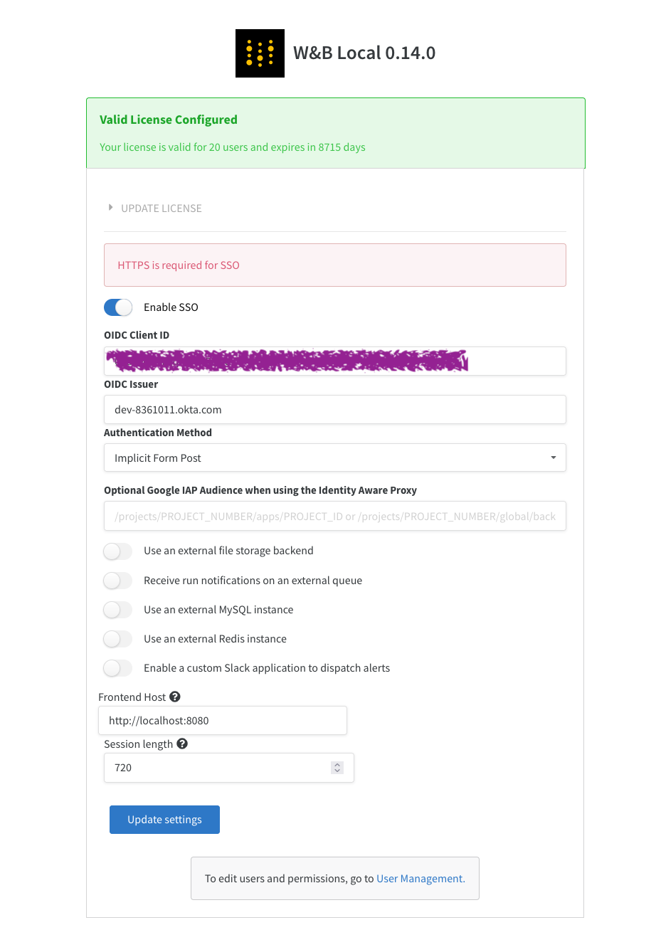 Update settings button