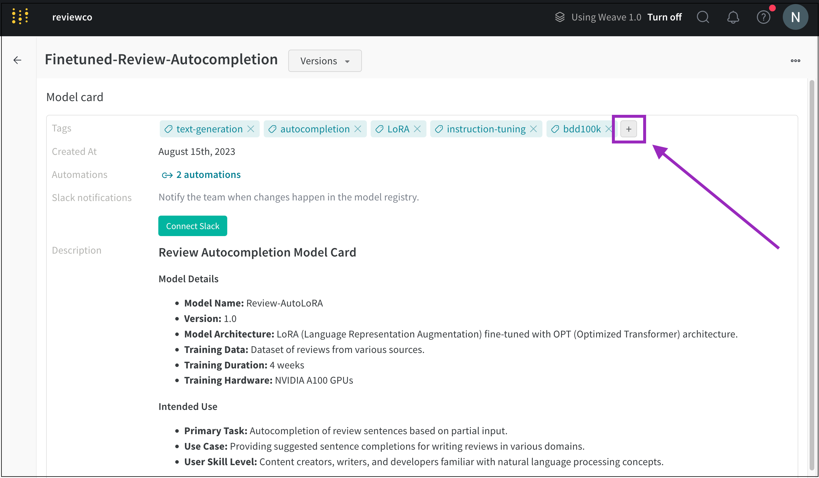 Model tags section