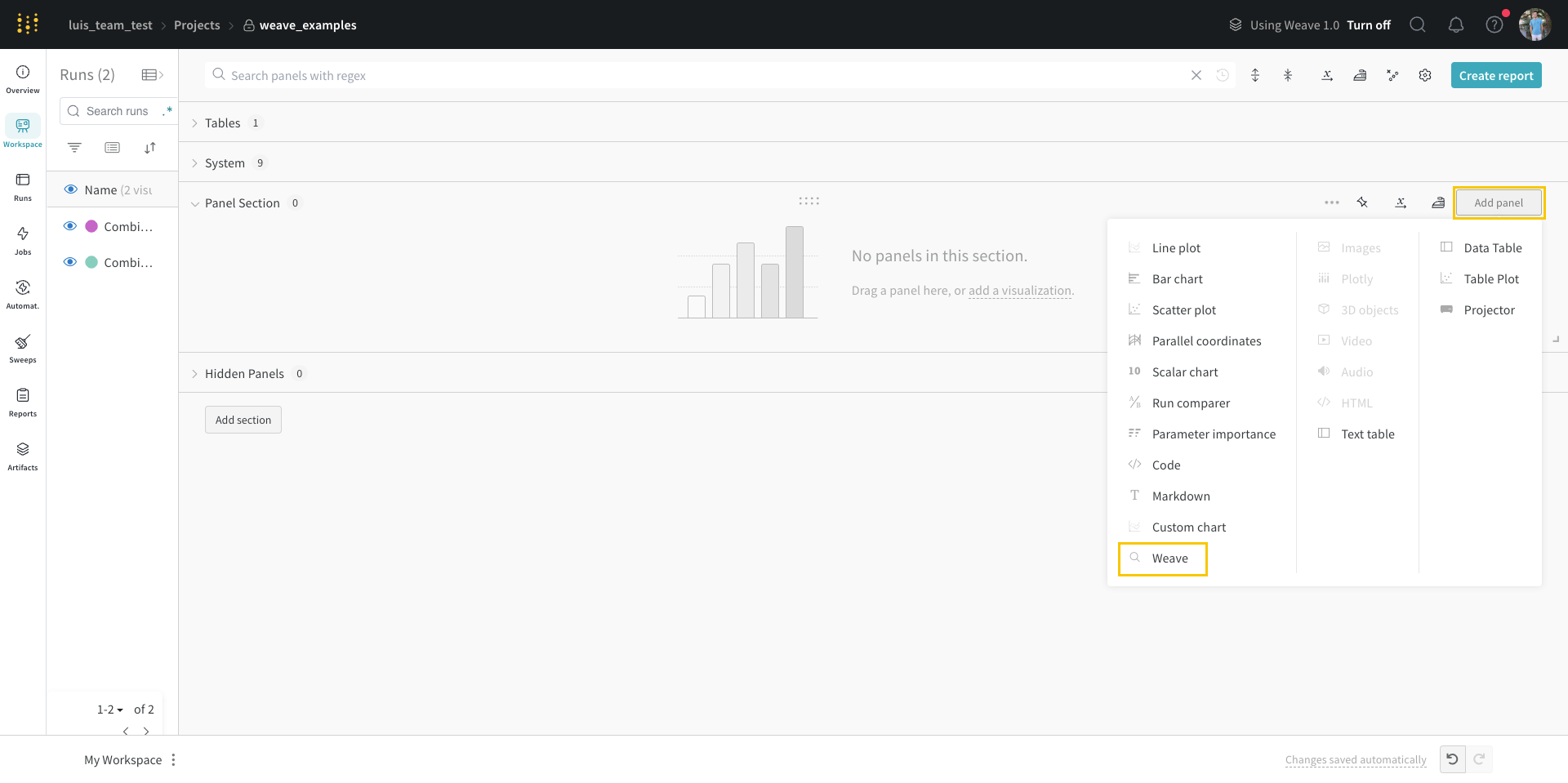 Add panel dropdown