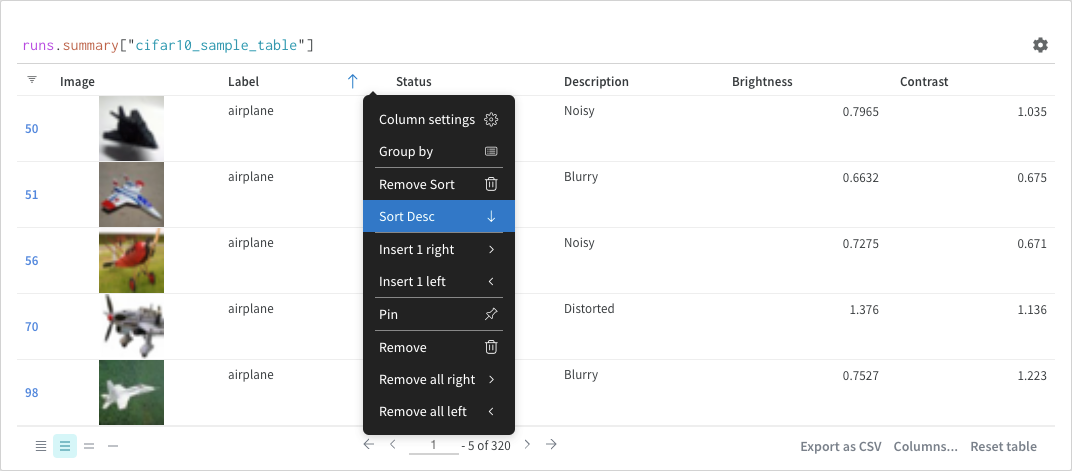 Column sort options